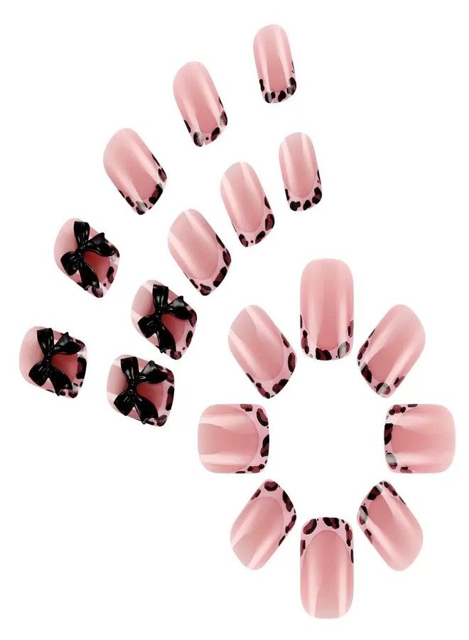 CTTHNBD Short Press on Nails Square Fake Nails French Tip False Nails with Leopard Print Design Acrylic Nails 3D Bow Charms Glue on Nails Glossy Full Cover Stick on Nails for Women Manicure 24Pcs - Image 4